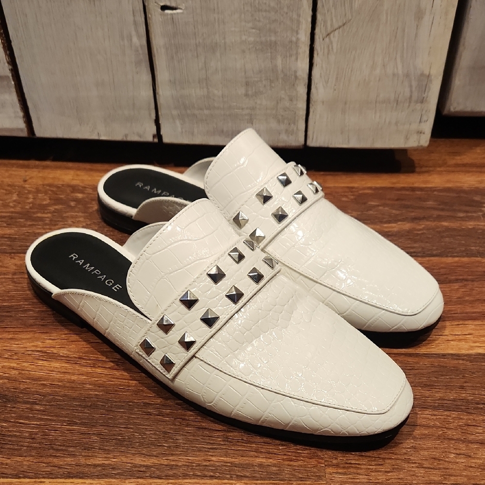 Rampage White Croc-Embossed Studded Mules Size 10M